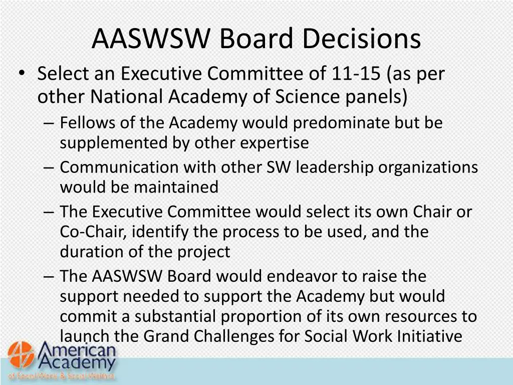 aaswsw board decisions select an executive