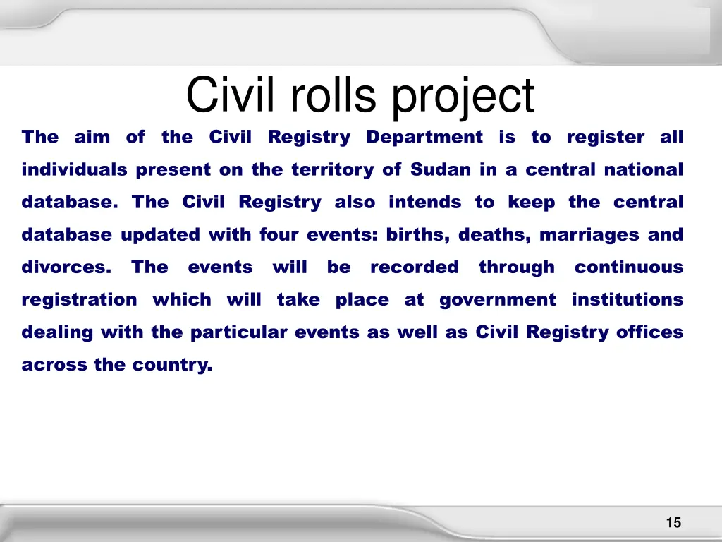 civil rolls project the civil registry department