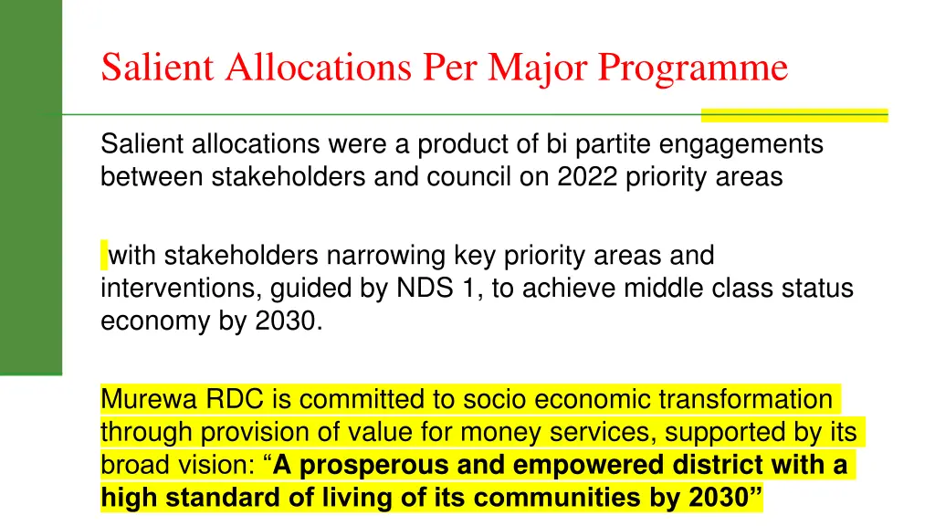 salient allocations per major programme