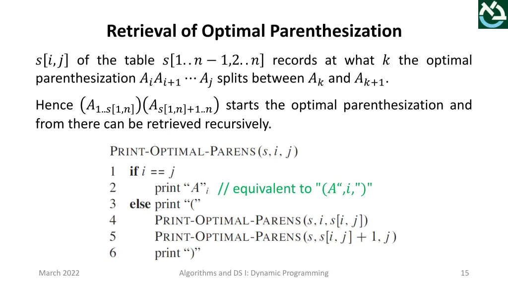 retrieval of optimal parenthesization