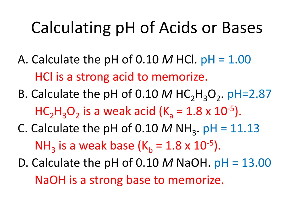 calculating ph of acids or bases