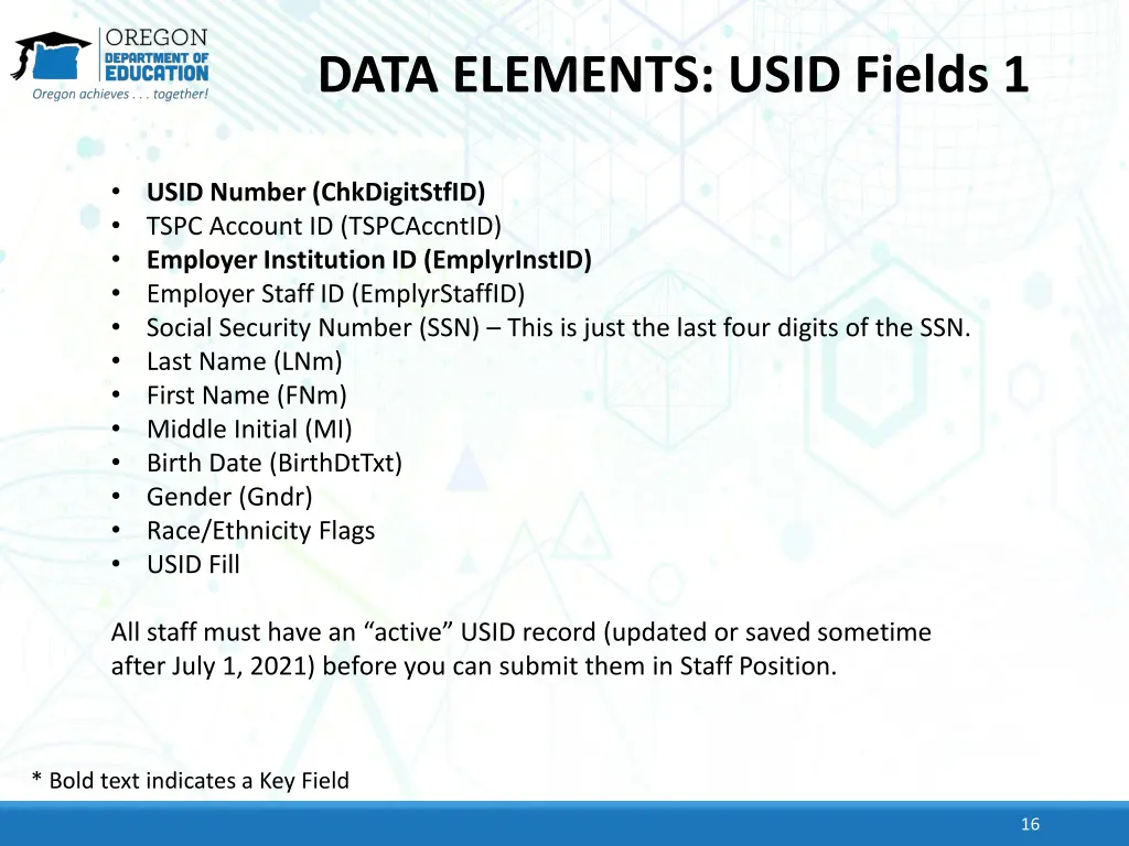 data elements usid fields 1