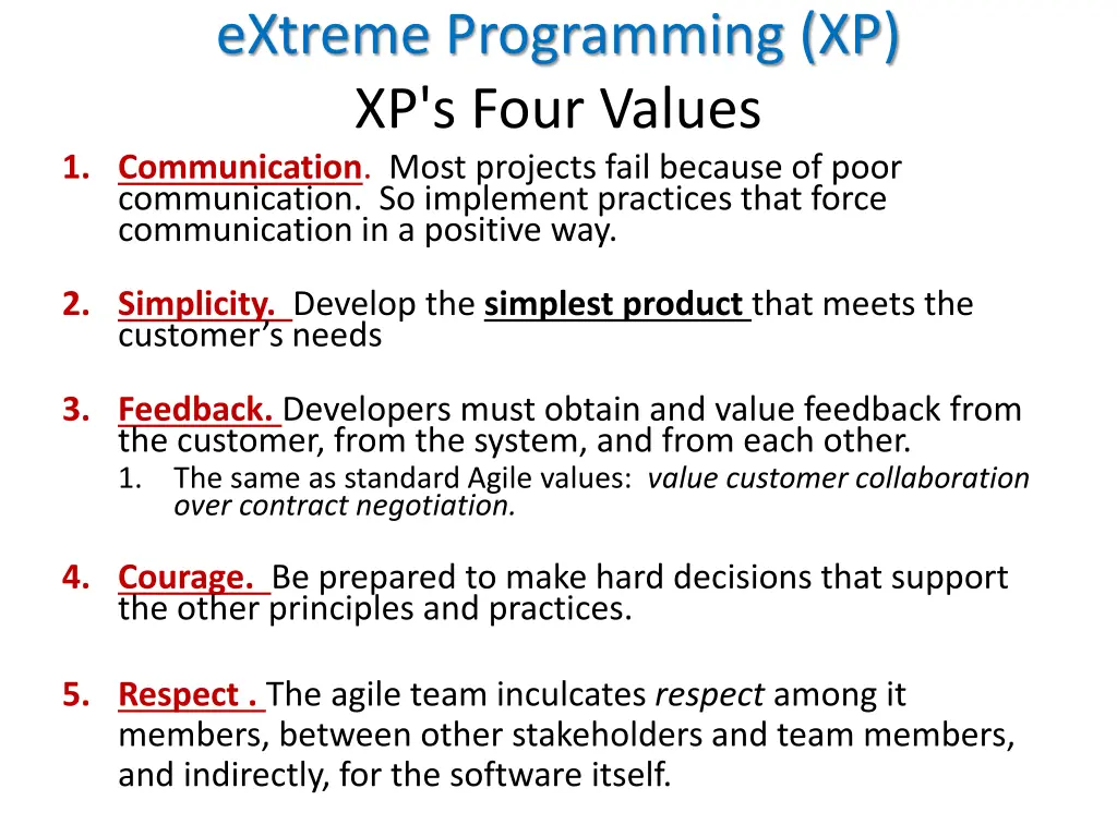 extreme programming xp xp s four values