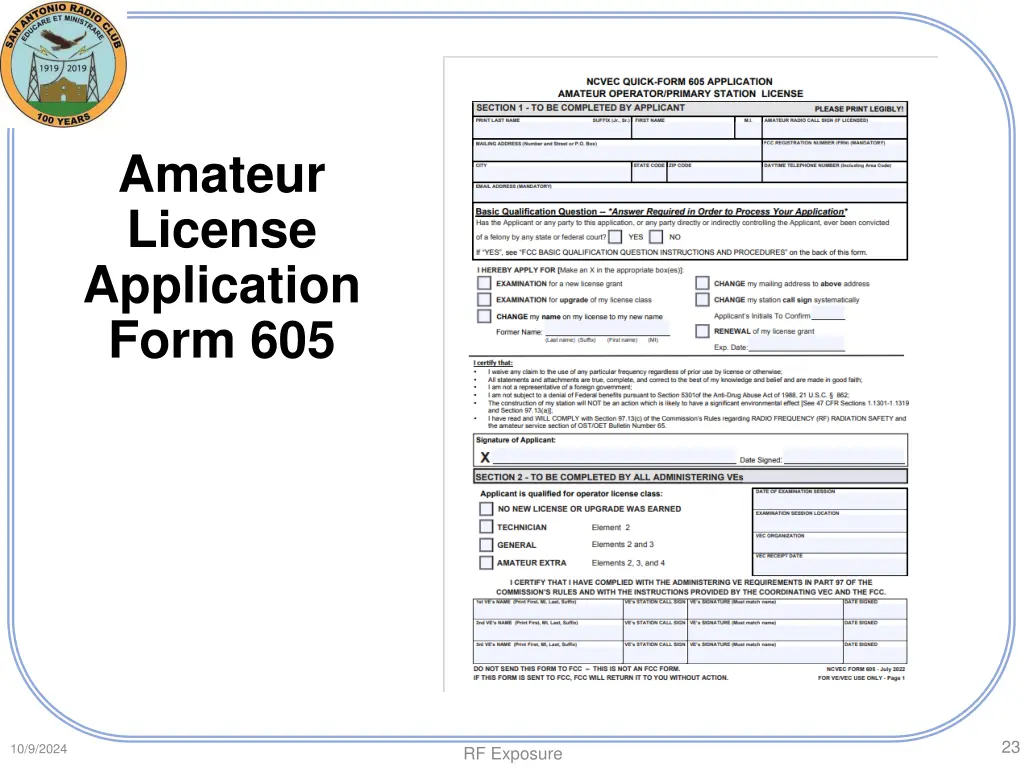 amateur license application form 605