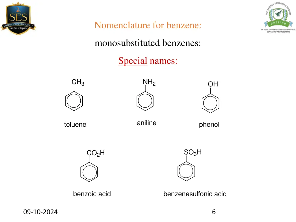 nomenclature for benzene