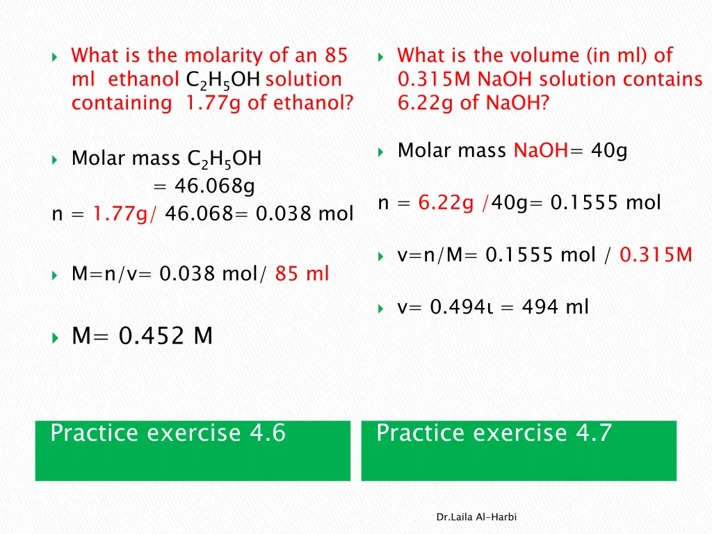 what is the molarity of an 85 ml ethanol