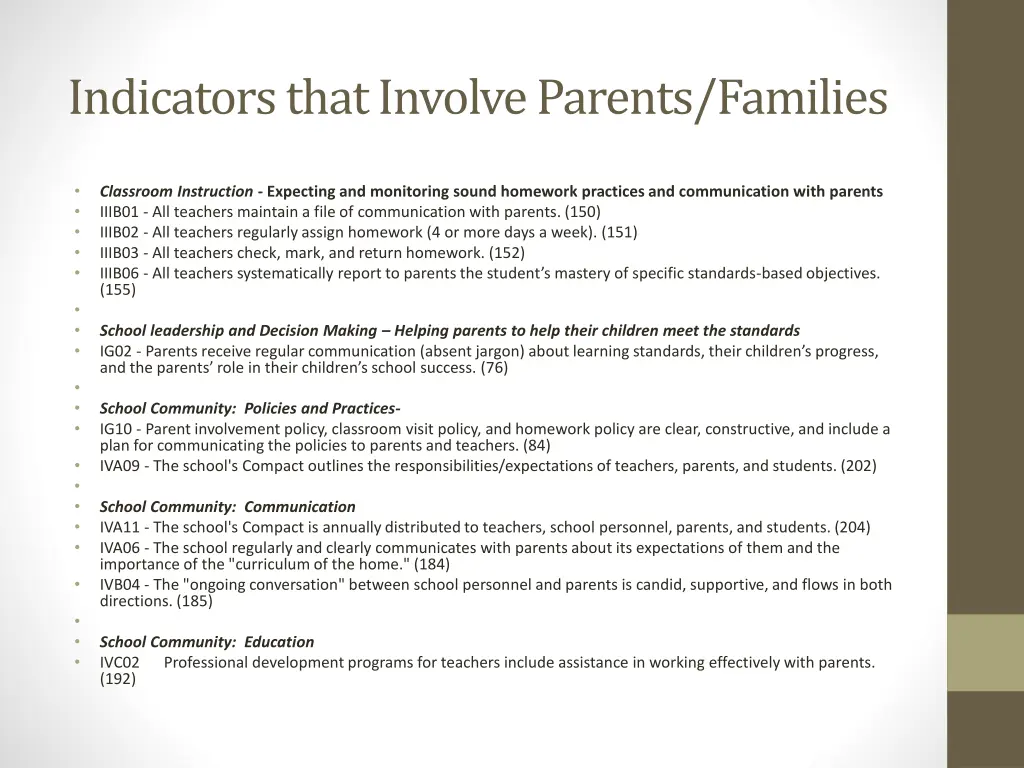 indicators that involve parents families