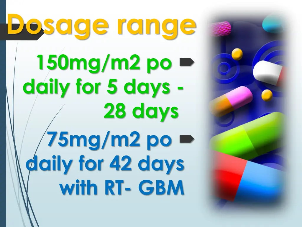 dosage range 150mg m2 po daily for 5 days