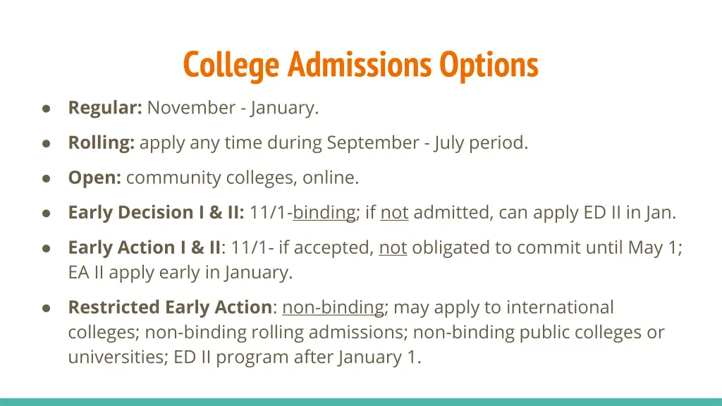 college admissions options regular november