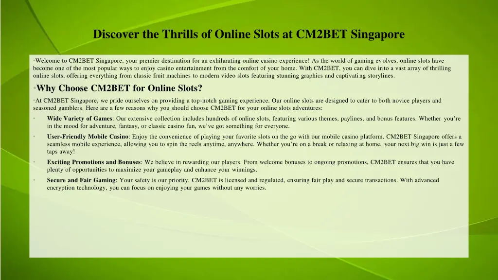 discover the thrills of online slots at cm2bet