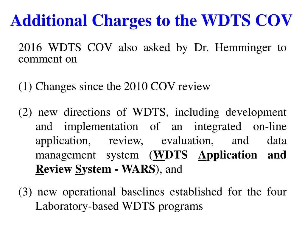 additional charges to the wdts cov