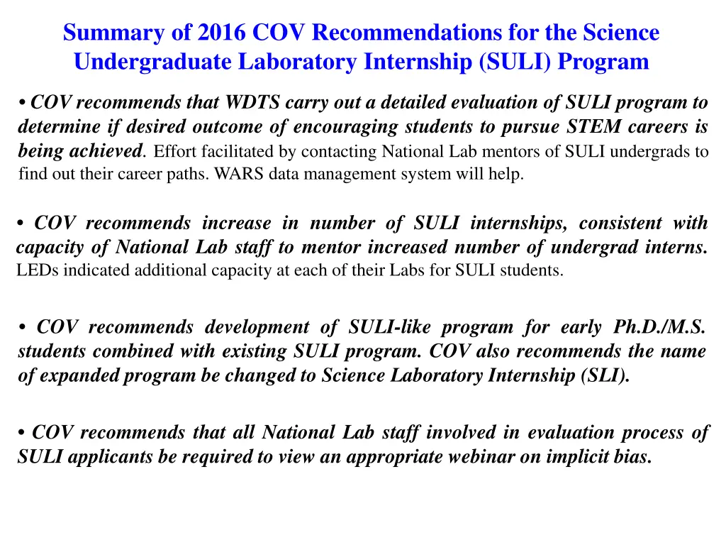 summary of 2016 cov recommendations