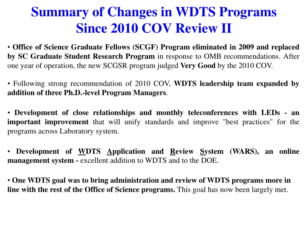 summary of changes in wdts programs since 2010 1