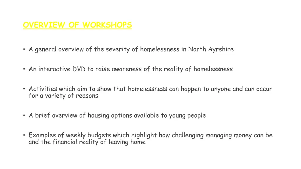 overview of workshops