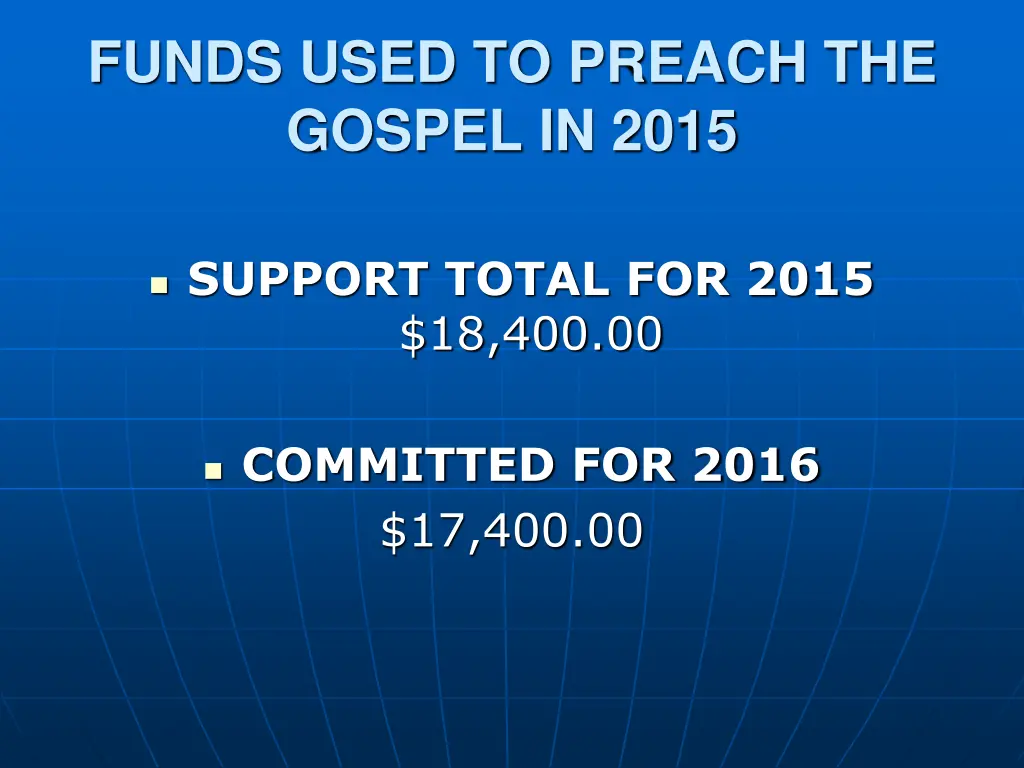 funds used to preach the gospel in 2015 2