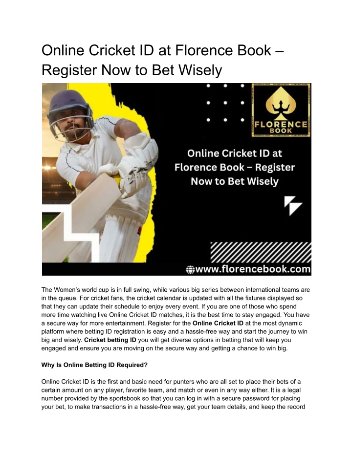 online cricket id at florence book register