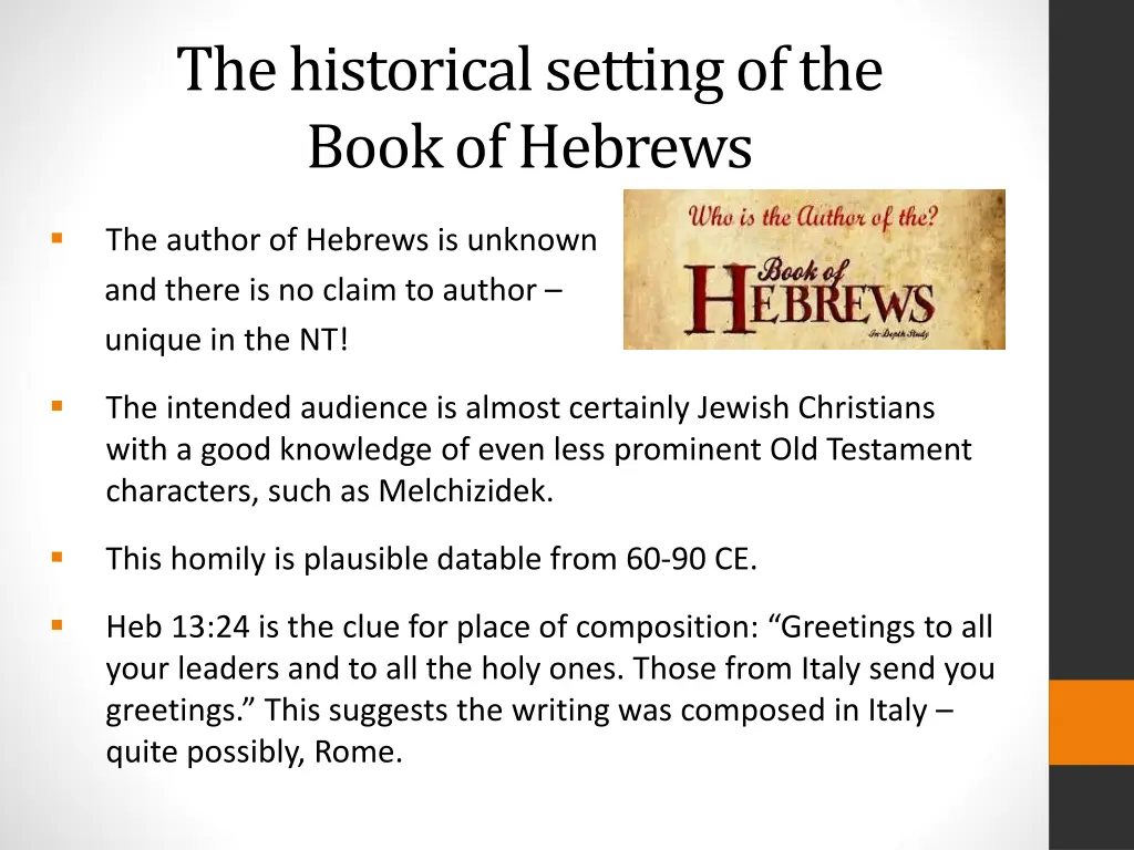 the historical setting of the book of hebrews