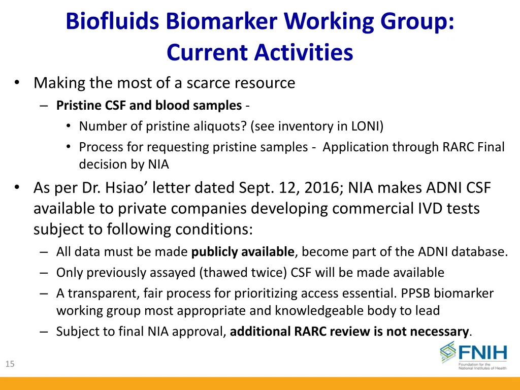 biofluids biomarker working group current