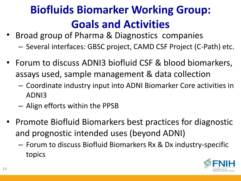 biofluids biomarker working group goals