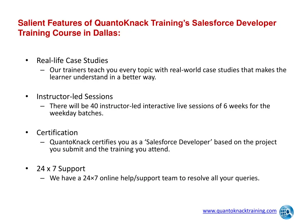 salient features of quantoknack training