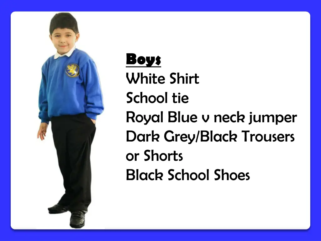 boys white shirt school tie royal blue v neck