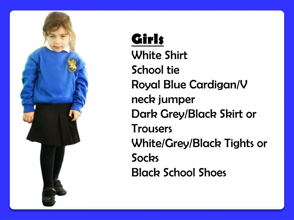 girls white shirt school tie royal blue cardigan