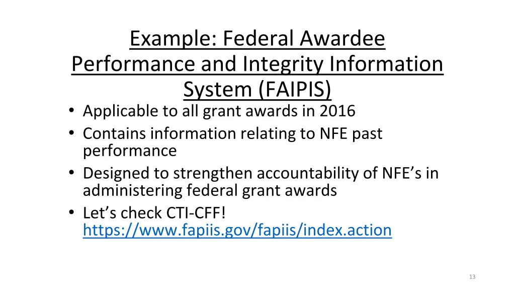 example federal awardee performance and integrity