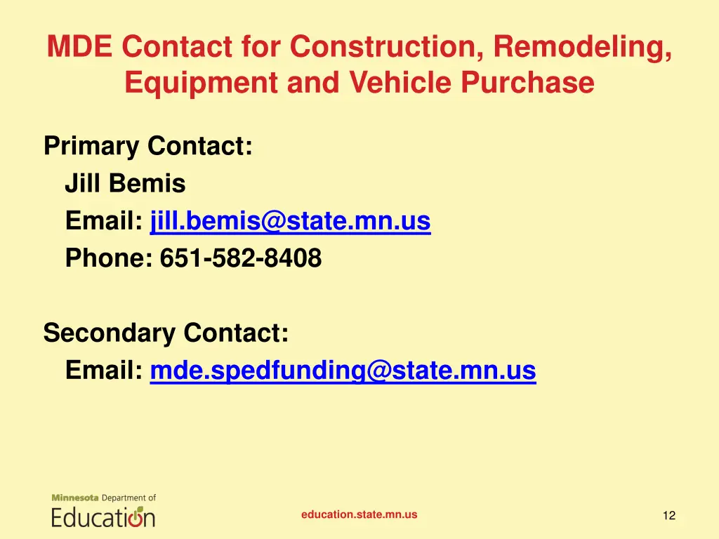 mde contact for construction remodeling equipment