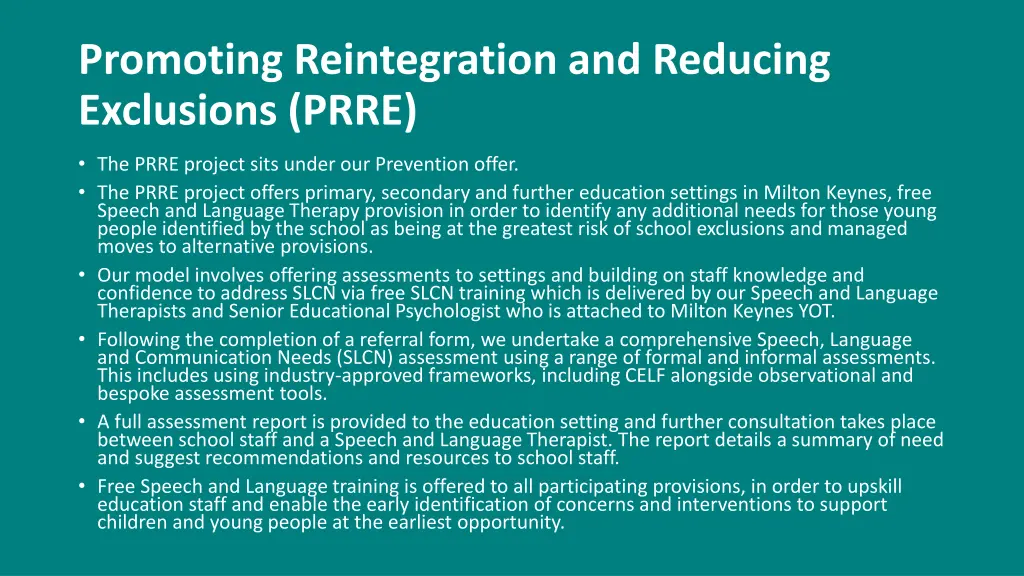 promoting reintegration and reducing exclusions