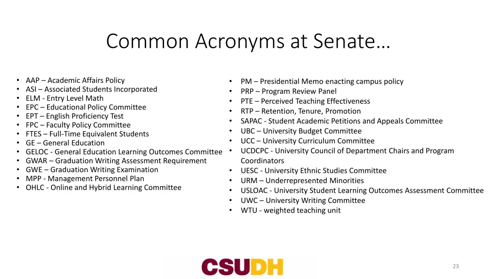 common acronyms at senate