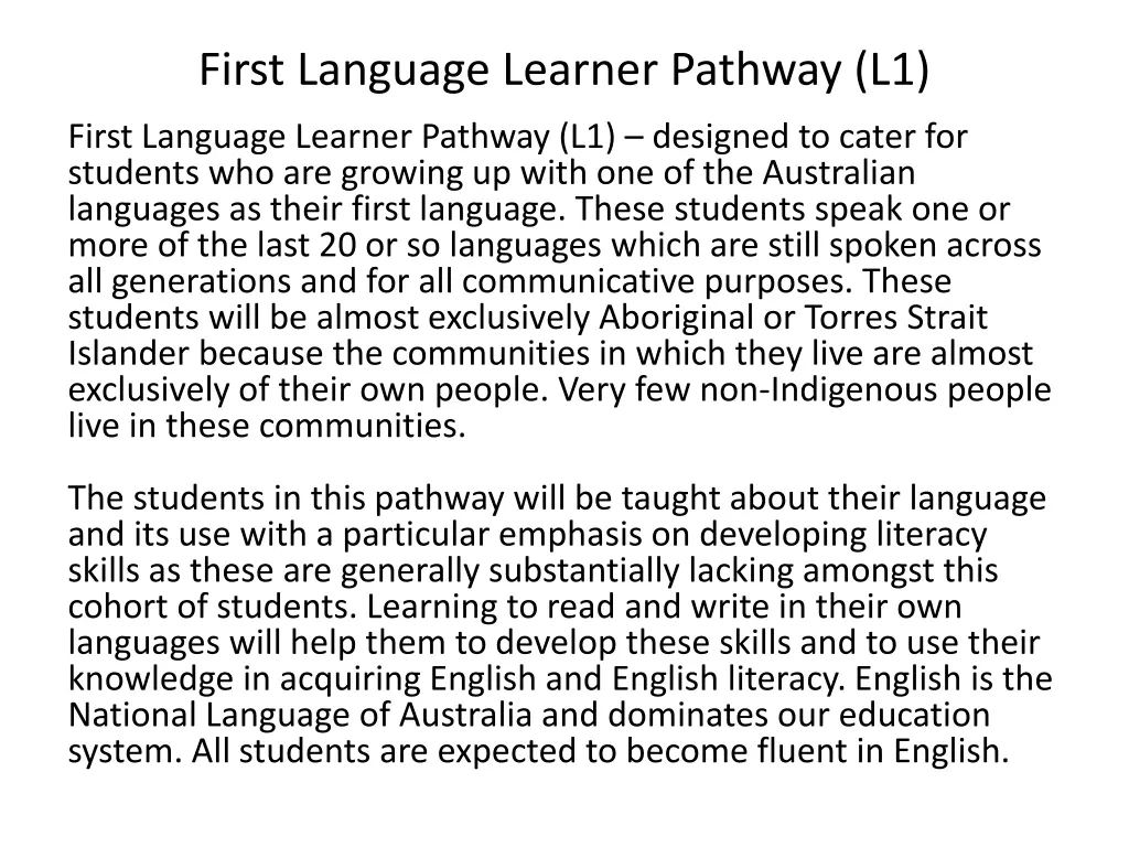 first language learner pathway l1