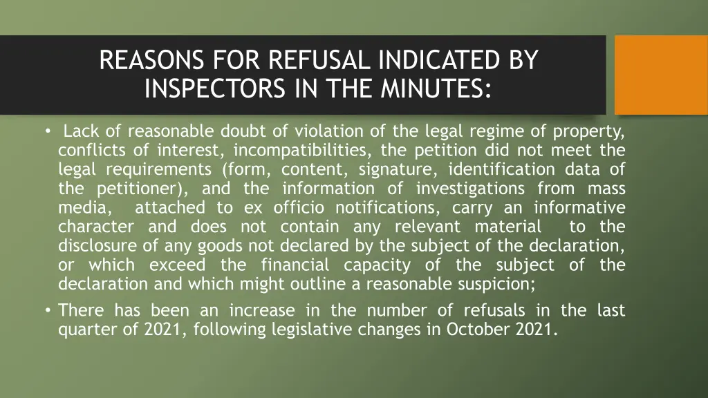 reasons for refusal indicated by inspectors