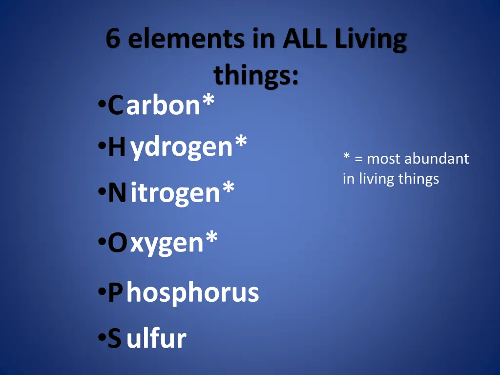 6 elements in all living things c h n o p s ulfur