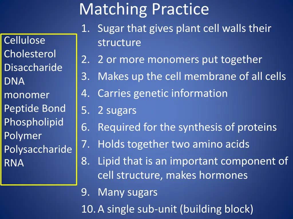 matching practice 1 sugar that gives plant cell