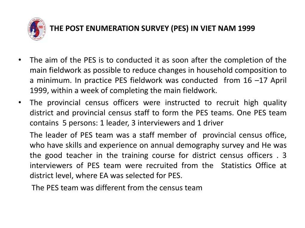 the post enumeration survey pes in viet nam 1999 1