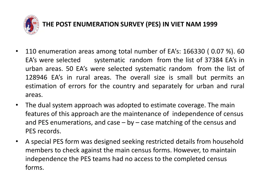 the post enumeration survey pes in viet nam 1999 2