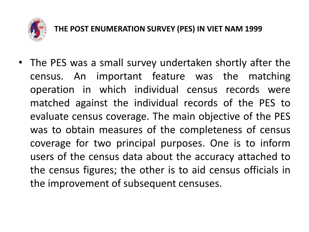 the post enumeration survey pes in viet nam 1999