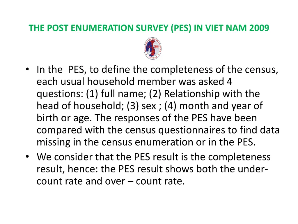 the post enumeration survey pes in viet nam 2009 2