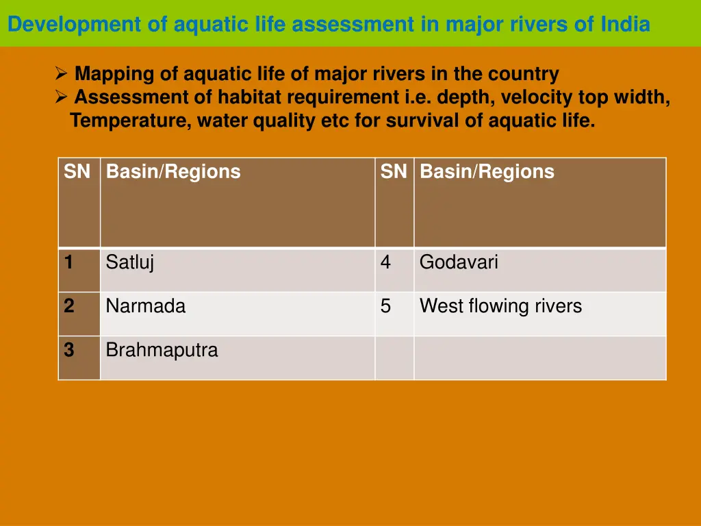 development of aquatic life assessment in major