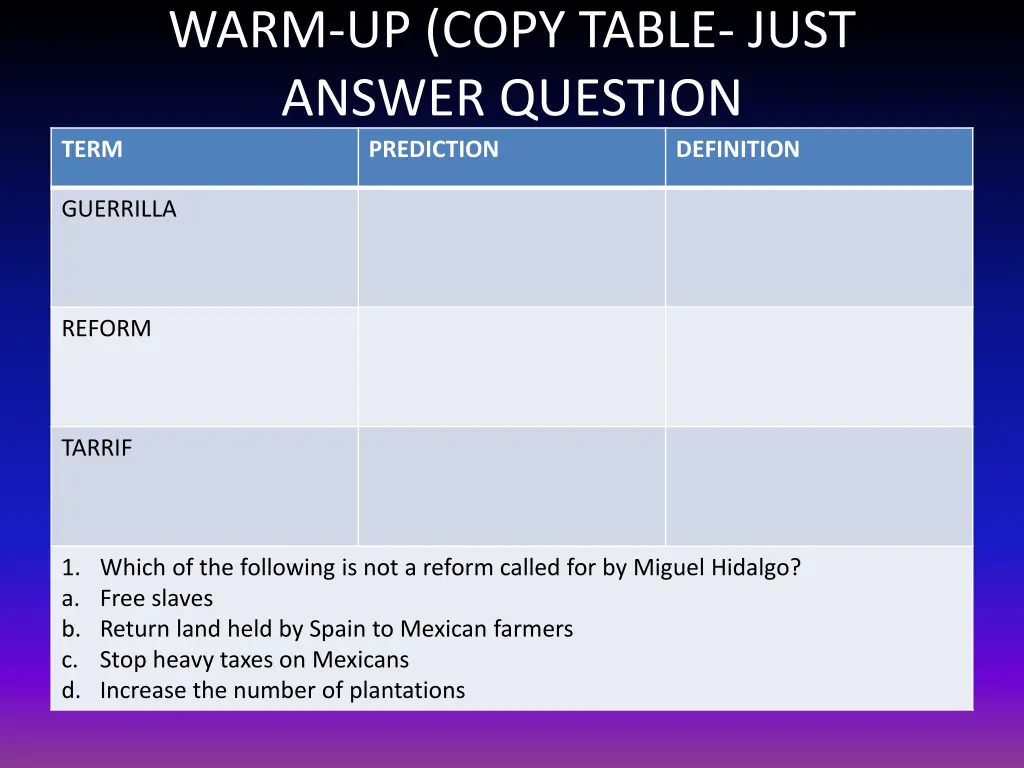 warm up copy table just answer question prediction