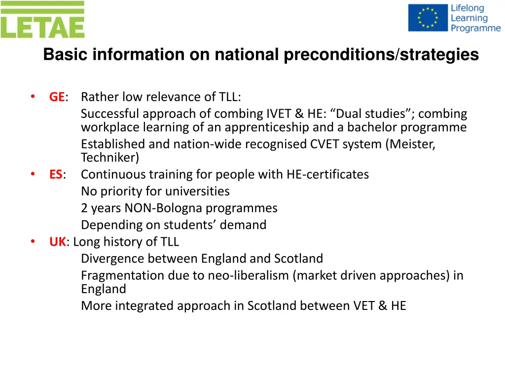 basic information on national preconditions