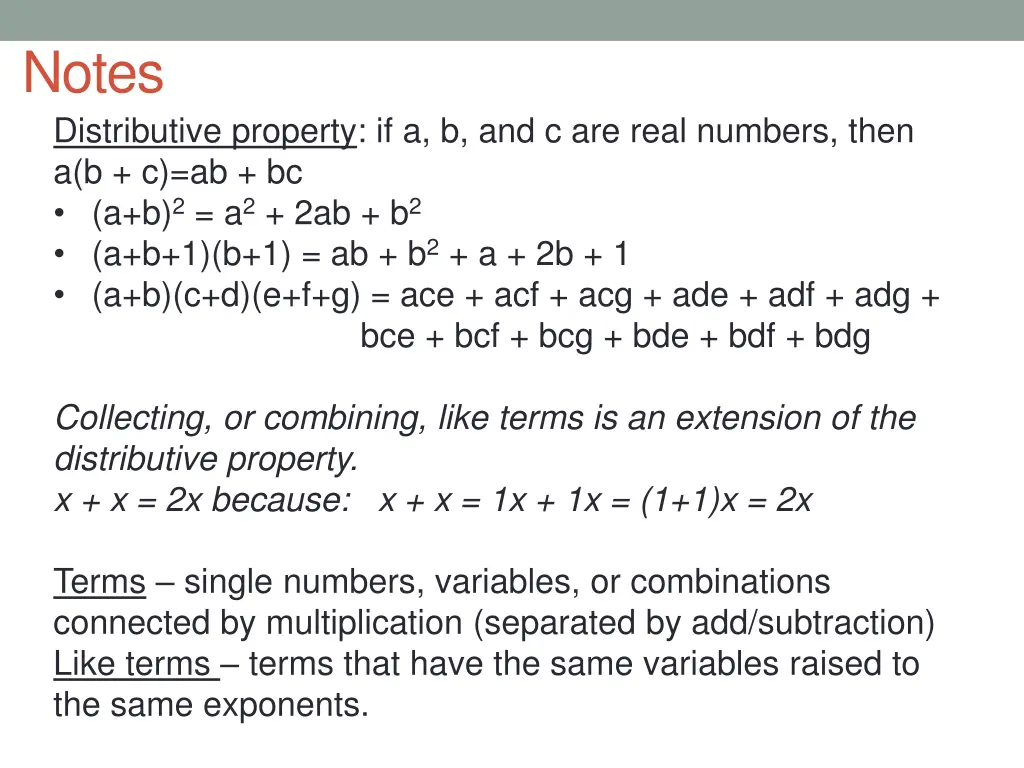 notes distributive property if a b and c are real