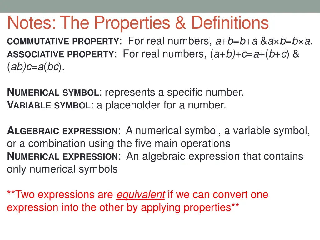 notes the properties definitions commutative