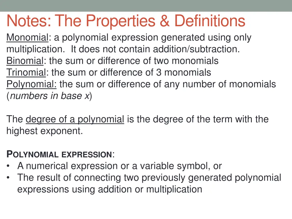 notes the properties definitions monomial