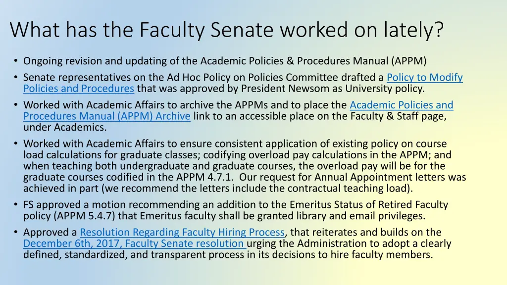 what has the faculty senate worked on lately