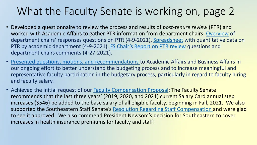 what the faculty senate is working on page 2