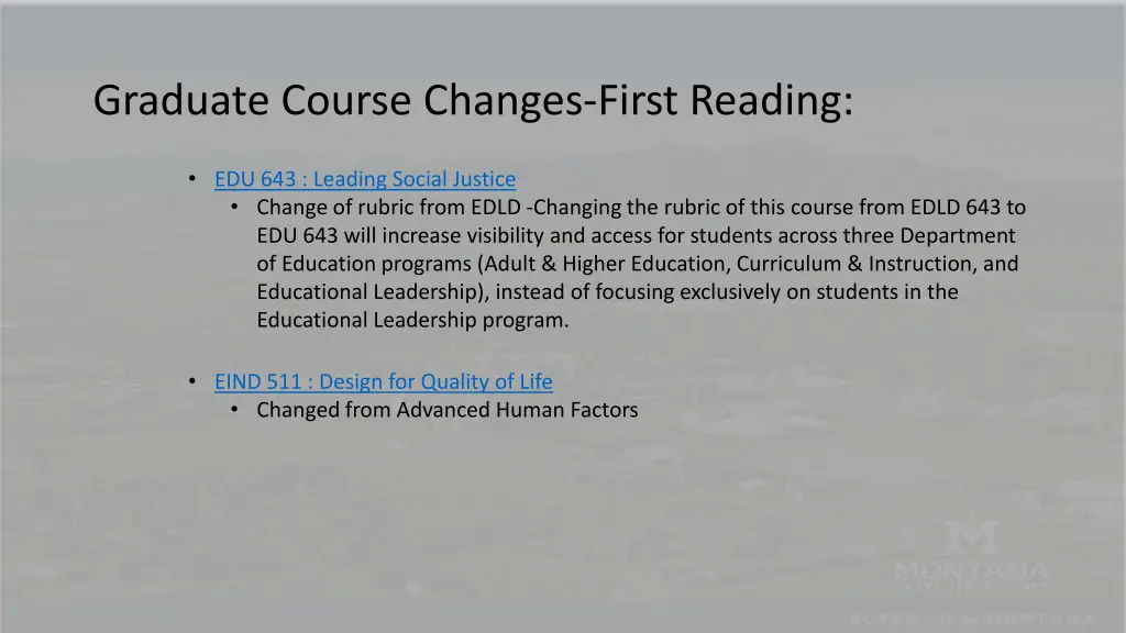 graduate course changes first reading 1