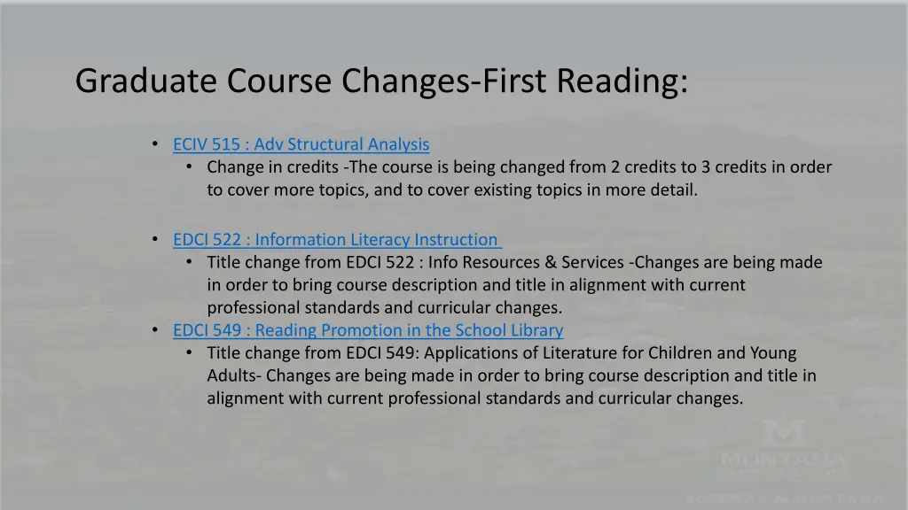 graduate course changes first reading