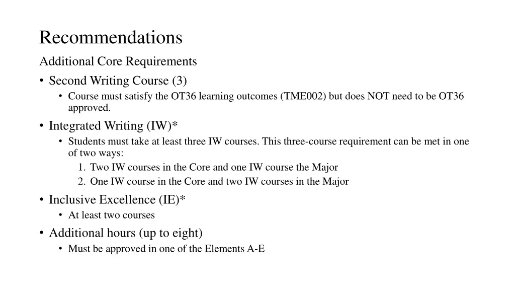 recommendations additional core requirements