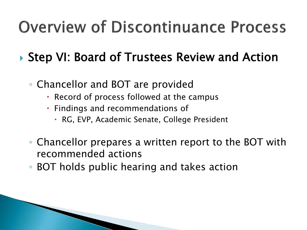 step vi board of trustees review and action